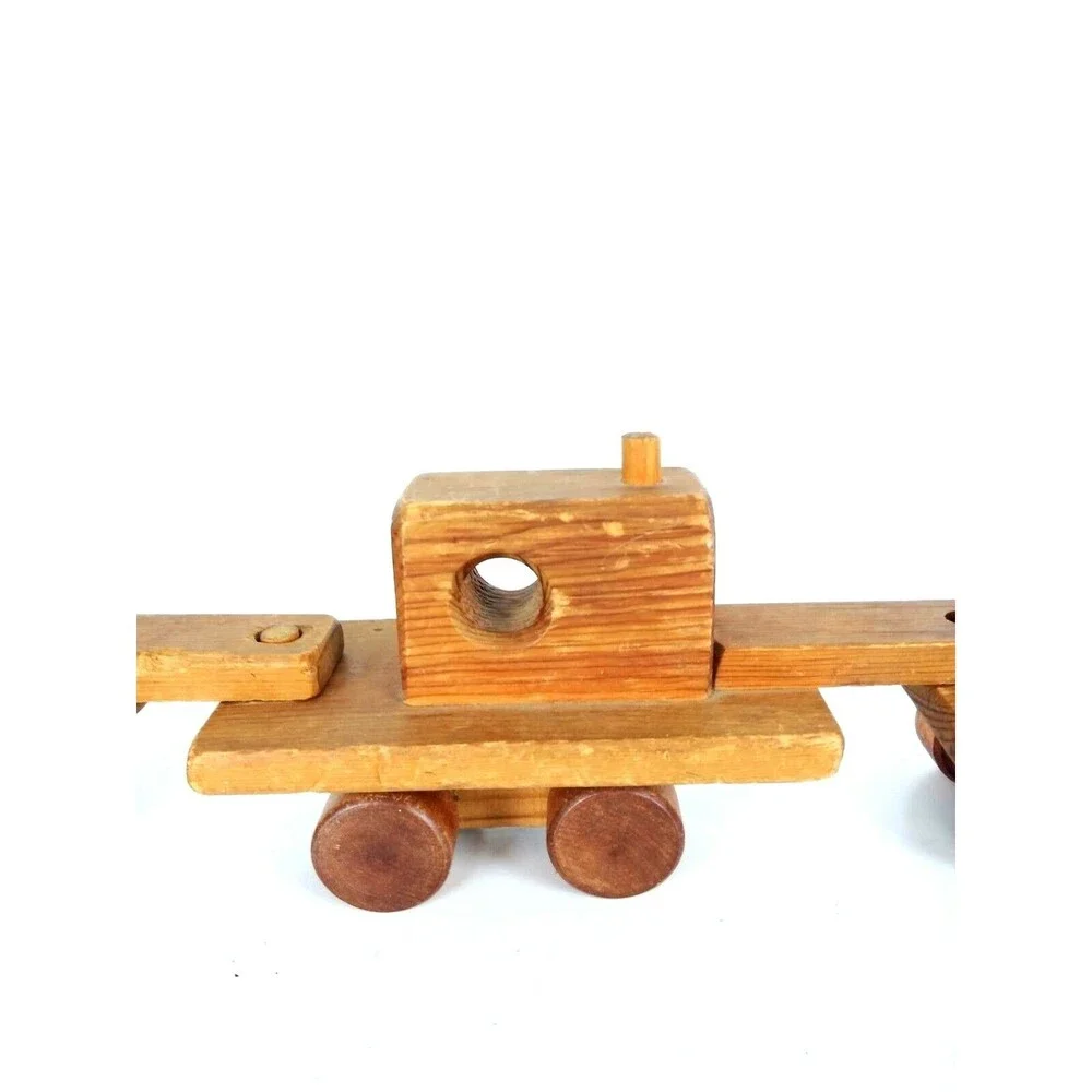 Vintage 60s 70s Hand Crafted Wooden Three-Car Caboose Train Pull Toy 